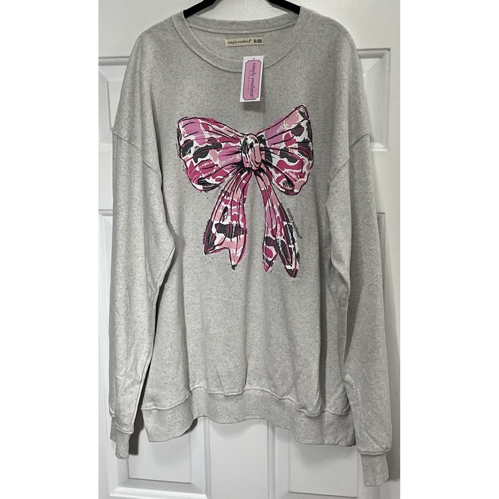 Simply Southern Gray Soft Pink Camo Ribbon Fleece Sweatshirt Women's XL-XXL